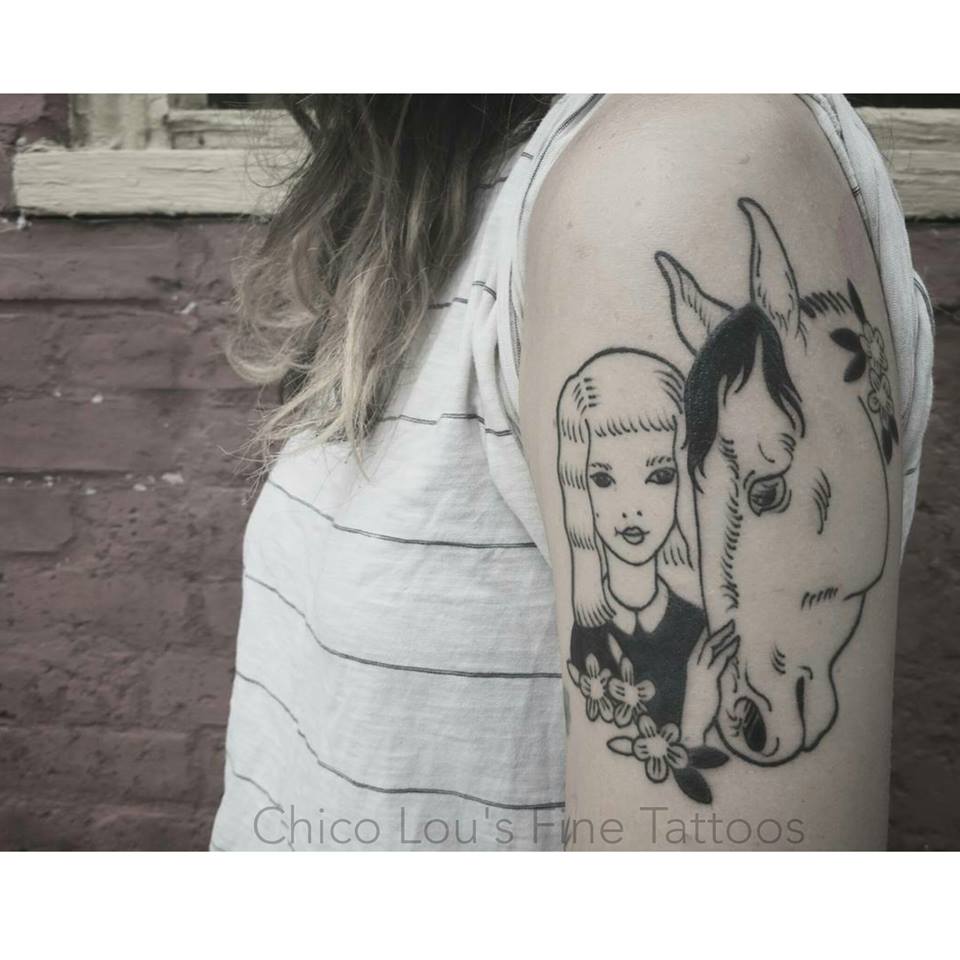 Girl and horse by Chico Lou's Fine Tattoos shop in Athens Georgia GA. Artist - Sara Fogle