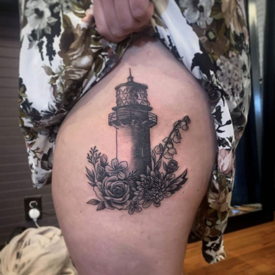 Lighthouse by Chico Lou's Fine Tattoos studio in Athens Georgia GA. Artist - Veronica Hahn